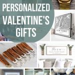 Collage of water color house art, wood watch, penguin socks, handwriting engraved personalized necklace, black and white modern map print, distressed leather keychain with personalization, this is us family name sign with farmhouse style, framed dates with burlap, wooden docking station for phone and customized hammer with text overlay that says 10 personalized valentine's gifts