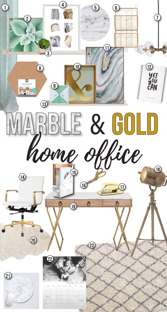 Collage of modern looking gold office decor with text overlay that says marble and gold home office