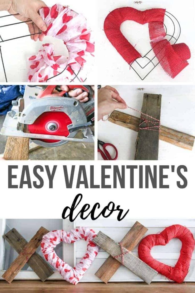 Collage of covering a wire shaped heart with crepe paper, covering heart shaped wire with red burlap, cutting wood with a miter saw, tying red and white rope on a piece of wood, and finished DIY XOXO Decor Valentine's Day Home decor with text overlay that says Easy Valentine's Decor.