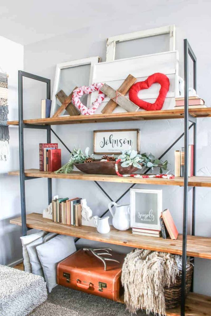 Learn how to make this easy DIY XOXO Valentine's Day home decor on the living room shelves along with other farmhouse home decor