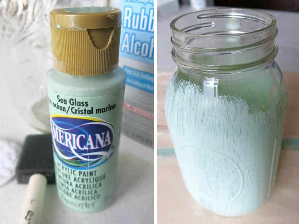 Side by side photo with left side of photo showing bottle of Americana acrylic paint in sea glass color and the right side of the photo shows mason jar partially painted