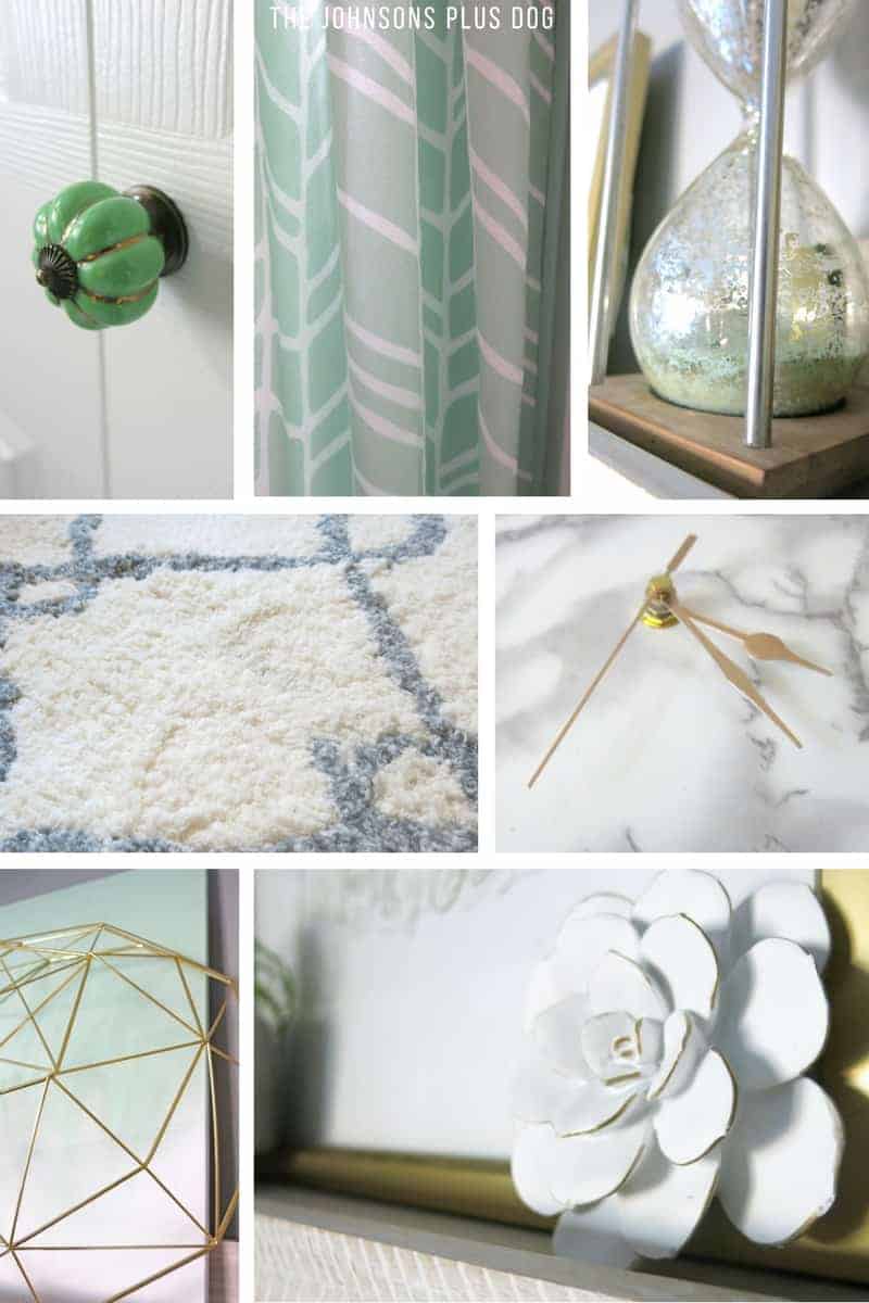 A collage of decor aspects in my marble and gold office space, with mint green accents