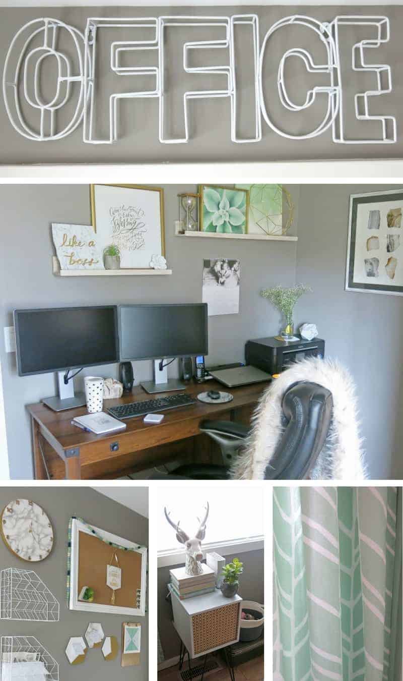 A collage of all the art and decorations in my marble and gold home office