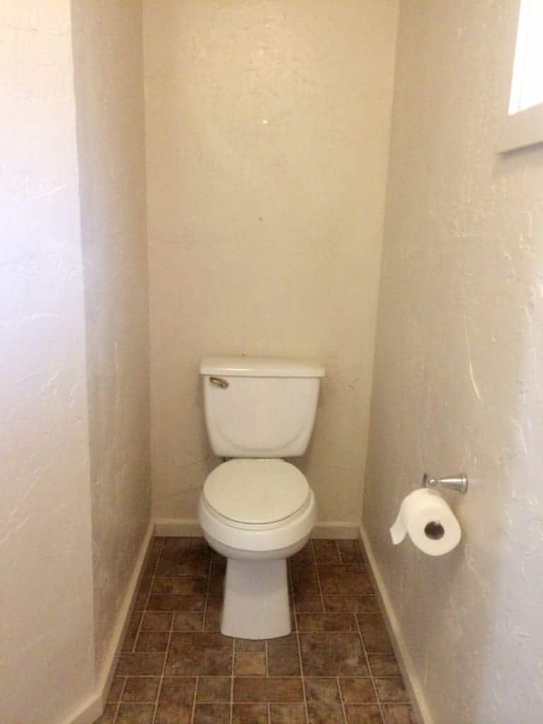 Before our farmhouse mater bathroom makeover, the toilet 