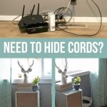 Image of messy router cords and diy mid-century box for hiding the router cords with text overlay that says Need to Hide Cords.