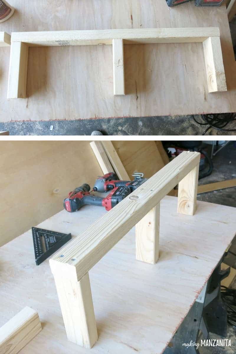 2 photos showing wooden base for shelves made out of 2x4s in the shape of a 