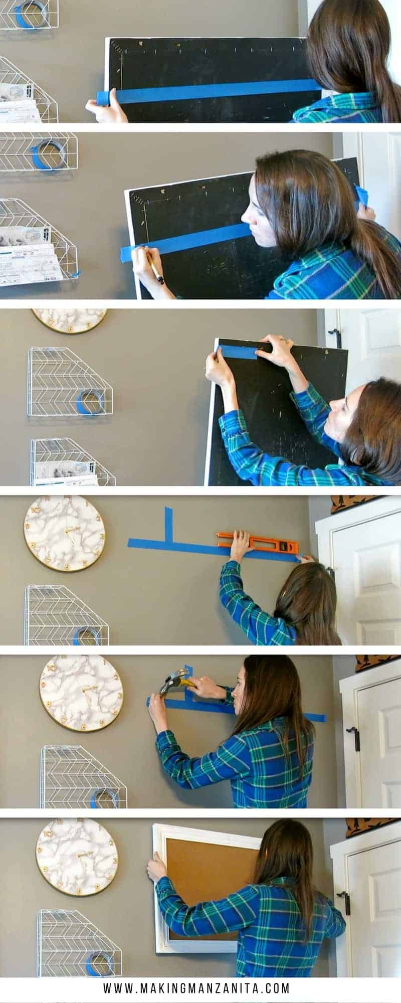 This collage shows all the steps to hang a picture frame easily on the first try - using painters tape to mark keyholes on the picture frame, hammer in nails on the wall, and perfectly hang a picture so it's level.