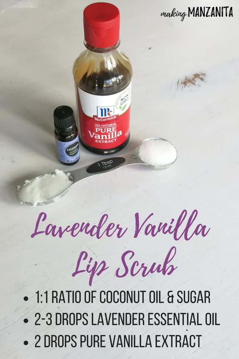 Supplies needed to make a lavender vanilla lib scrub - coconut oil, sugar, vanilla, and lavender essential oil - laid out. Image text reads "lavender vanilla lip scrub" and lists the recipe.