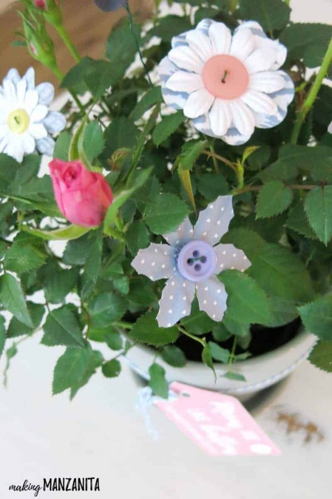 A close up look at the diy button flowers placed in a potted flower plant.