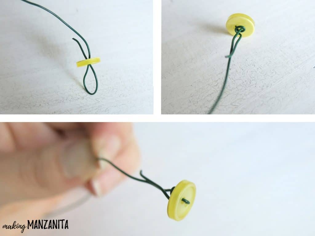 A collage of 3 images showing how to attach a small yellow button to floral wire. This will become the stem and center of a flower.