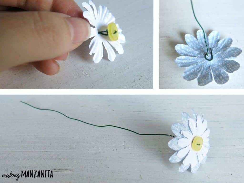 A collage of 3 images showing how to attach a paper flower to floral wire, making a cute faux flower with a button center.