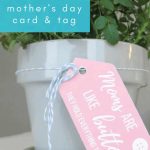 Close up of pink gift tag tied to pot of flowers that says moms are like buttons they hold everything together with text overlay that says free printable Mother's day gift idea