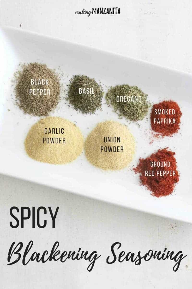 All the spices needed to make a DIY blackening seasoning - black pepper, garlic powder, basil, oregano, onion powder, smoked paprika, and ground red pepper