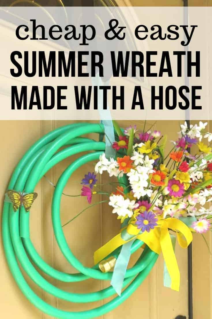 How to make a garden hose wreath with an upcycled garden hose, dollar store flowers, and ribbon.