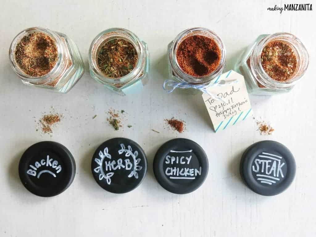 These jars of homemade spice rubs are perfect gifts for Father's day! Learn how to make these DIY spice rubs with these recipes