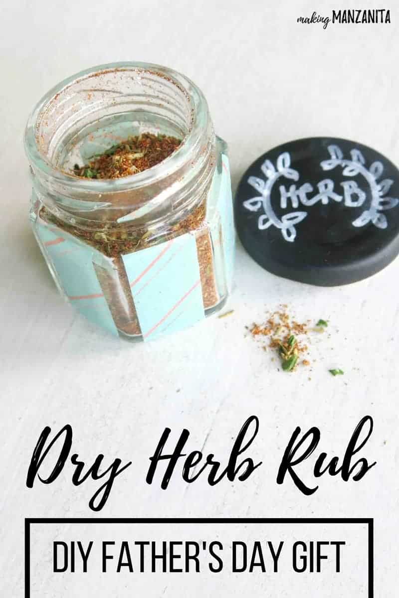 A delicious dry herb spice rub is packaged perfectly in a small jar decorated with washi tape and a chalk paint lid.