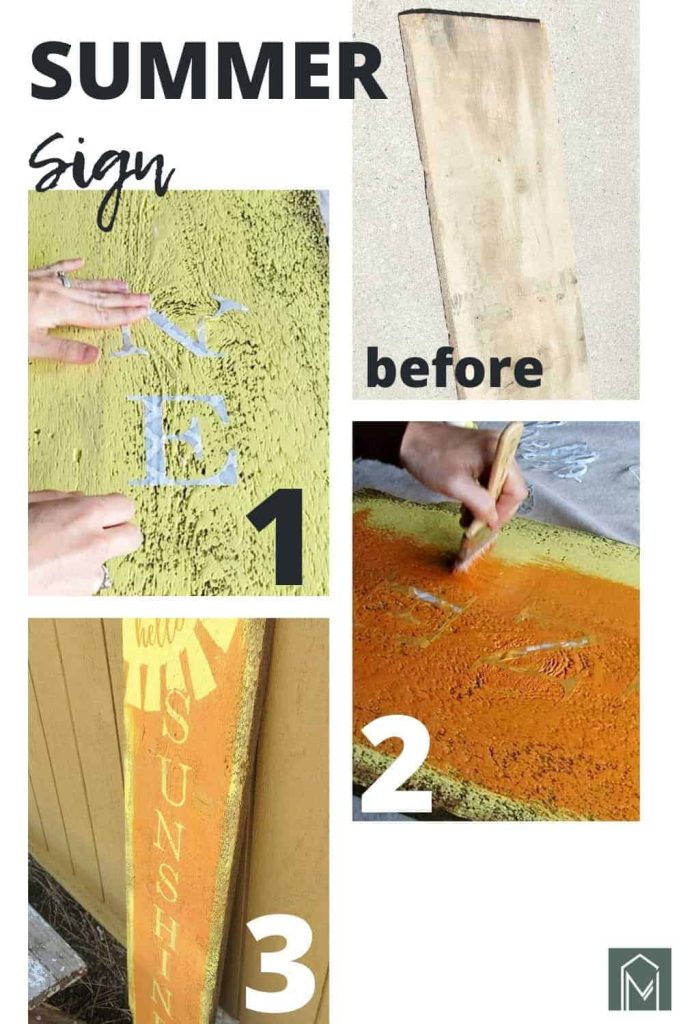 A collage of numbered images showing the process of making a DIY hello sunshine painted wood sign.