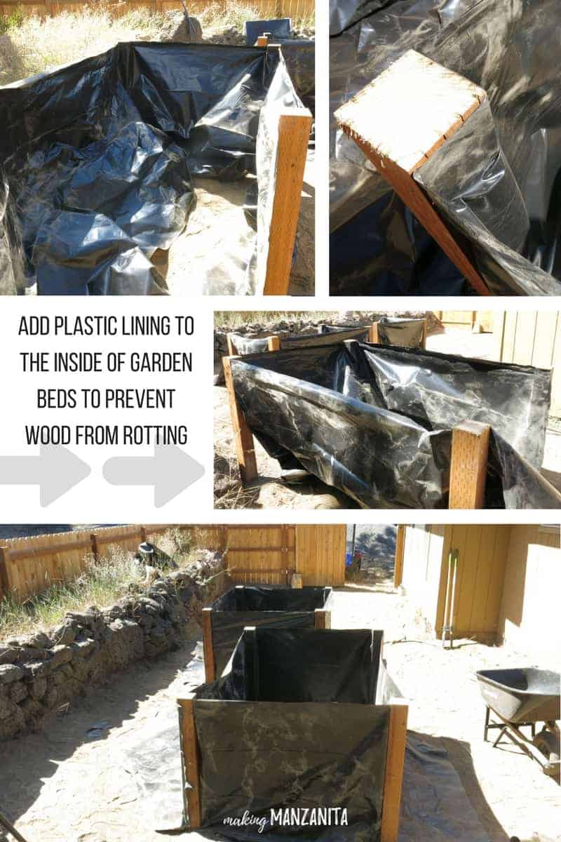 Four grid of adding plastic lining to the inside of garden beds with text overlay that says add plastic lining to the inside of the DIY waist high garden beds to prevent wood from rotting
