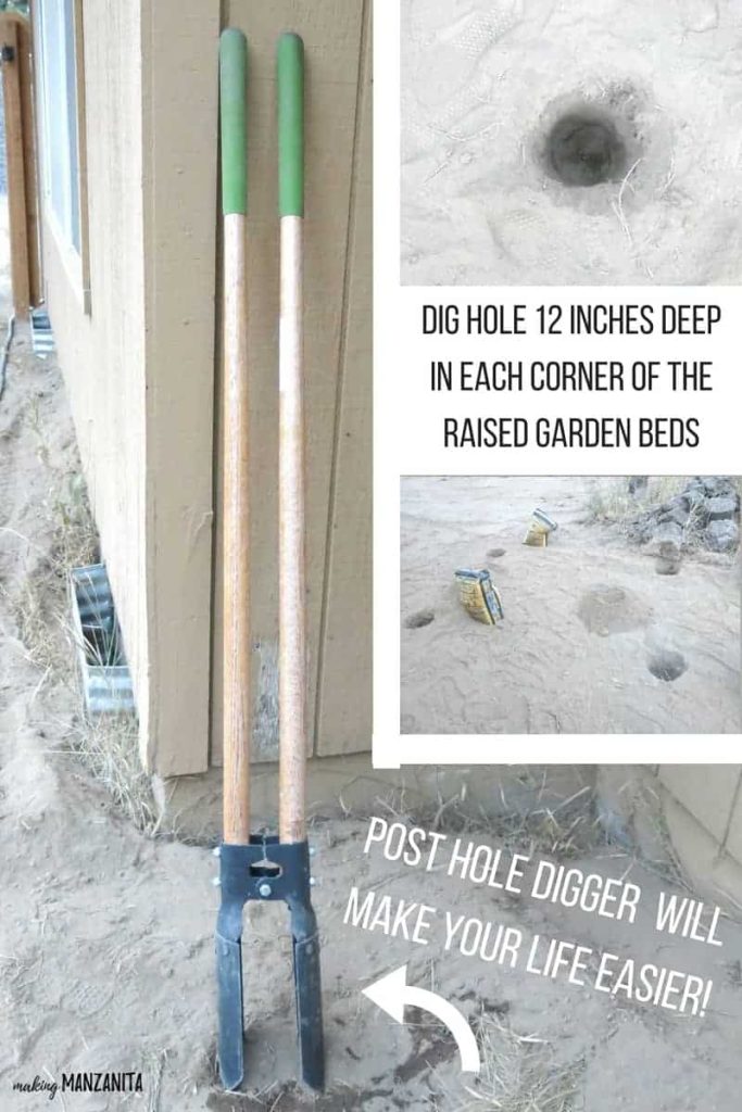 Grid of post hole digger leaning on the wall, closer view of the hole on the snd and three holes on the ground beside the sacks with text overlay that says post hole digger will make your life easier and dig hole 12 inches deep in each corner of the raised garden beds