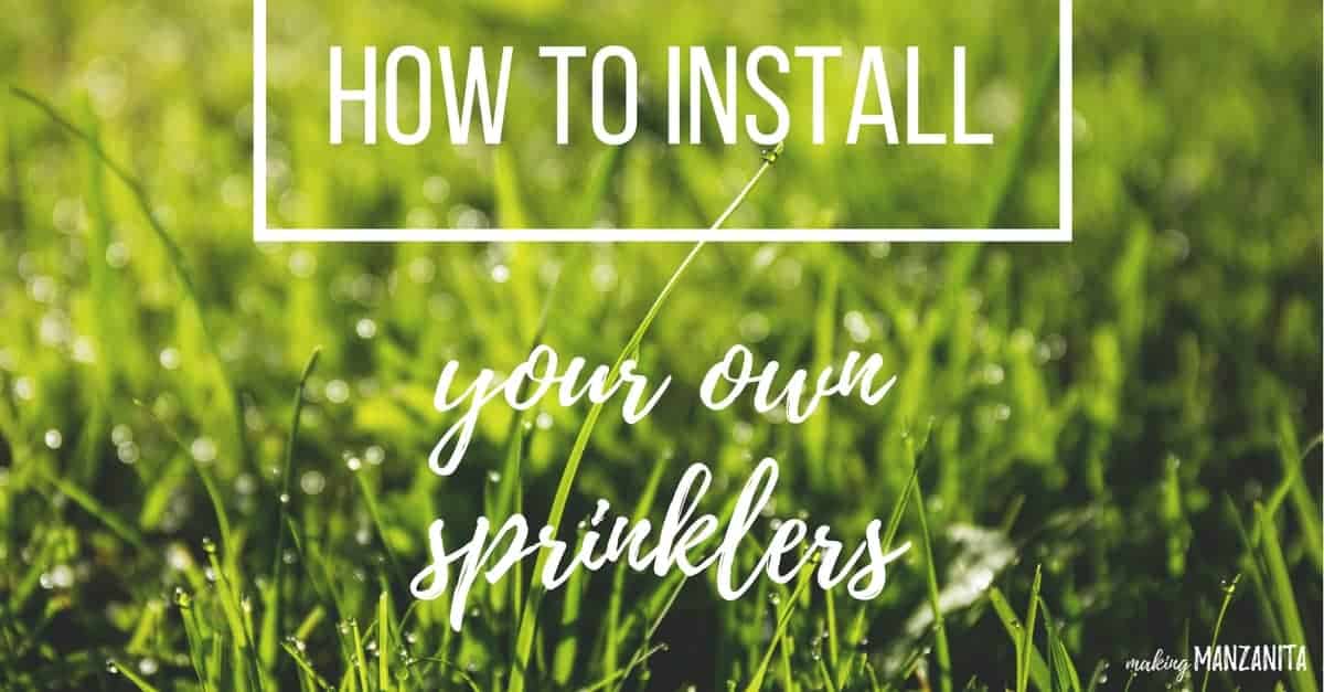 Close up view of green grass blades that are wet with drops of water from sprinklers with text overlay that says how to install your own sprinklers