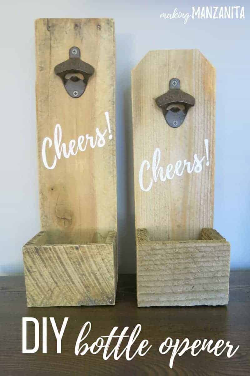 Two DIY bottle openers painted with Cheers with rustic metal openers attached and a box at bottom to catch the beer caps with text overlay that says DIY bottle opener