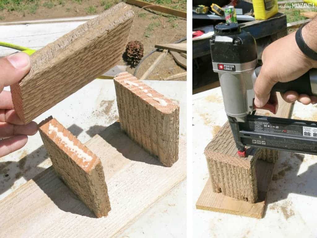 Die linke Seite des Fotos zeigt drei Holzstücke, die in Form eines "U" zusammengeklebt werden, und die rechte Seite des Fotos zeigt die "U" -Form, die mit einer Nagelpistole zusammengenagelt wird
