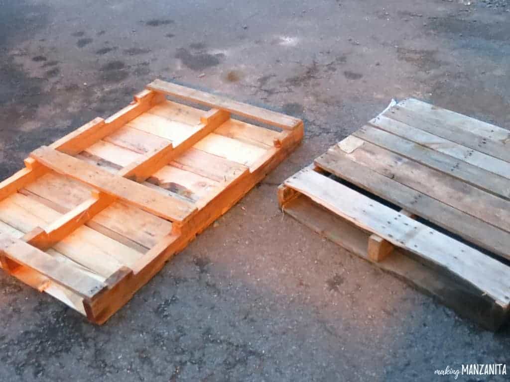 Two old wooden pallets laying on the ground; we will use these pallets to create a vertical pallet garden