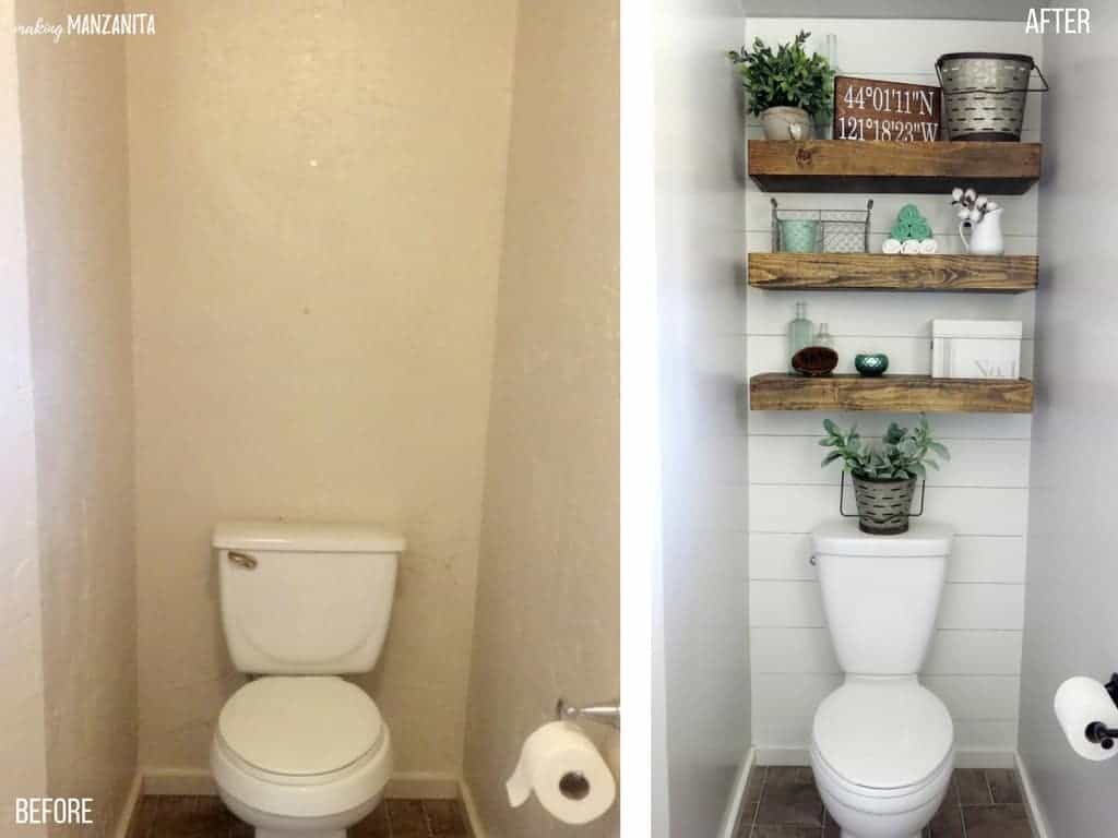 Before and after pictures of the toilet alcove in our farmhouse master bathroom. Before: an undecorated toilet alcove. After: a shiplap wall with floating shelves and farmhouse decor.