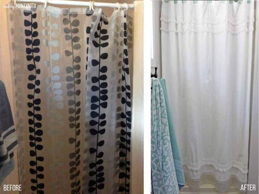 Before and after pictures of the toilet alcove in our farmhouse master bathroom. Before - a clear shower curtain with teal and black flowers. After - a white macrame shower curtain.