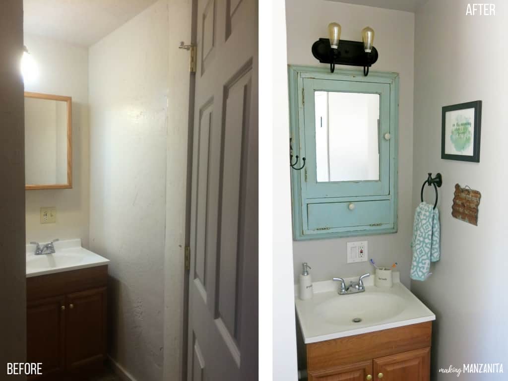 Before and after pictures of the toilet alcove in our farmhouse master bathroom. Before: an undecorated sink and cabinet vanity and plain mirror. After: a new mint green painted vintage medicine cabinet and mirror with farmhouse style decor on the walls.