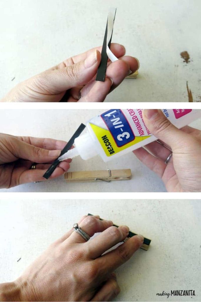 A three image collage shows a woman applying a thin magnetic strip to the back of a wooden clothespin using 3-in-1 crafting glue.