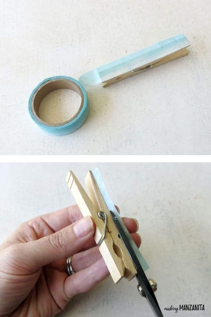 A two image collage shows the process of creating a clothespin magnet -- covering the clothespin with light blue washi tape.