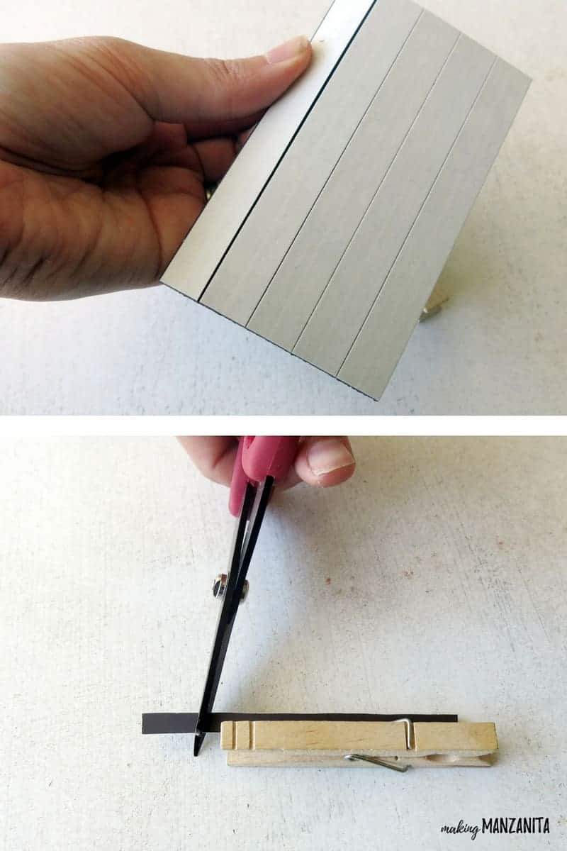 A two image collage shows a person holding a sheet of magnetic strips, and a second image showing a person cutting the magnetic strip to the length of a wooden clothespin.