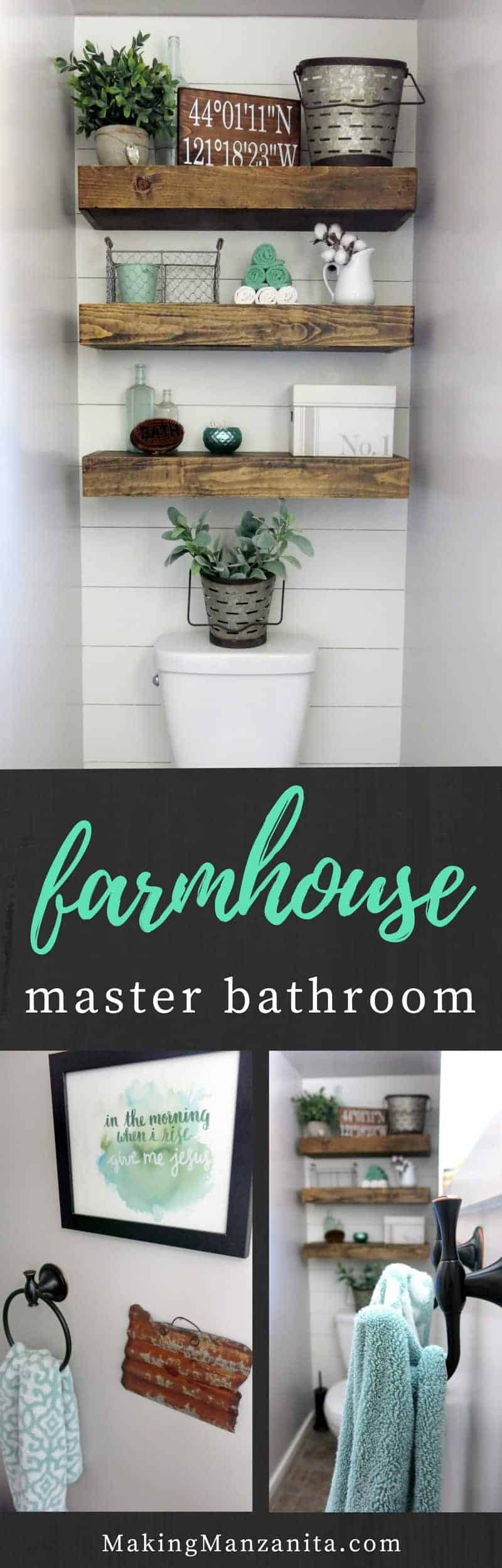 Our farmhouse master bathroom makeover is complete! With a new shiplap toilet alcove and farmhouse style decor, floating shelves, towel hangers, and more.