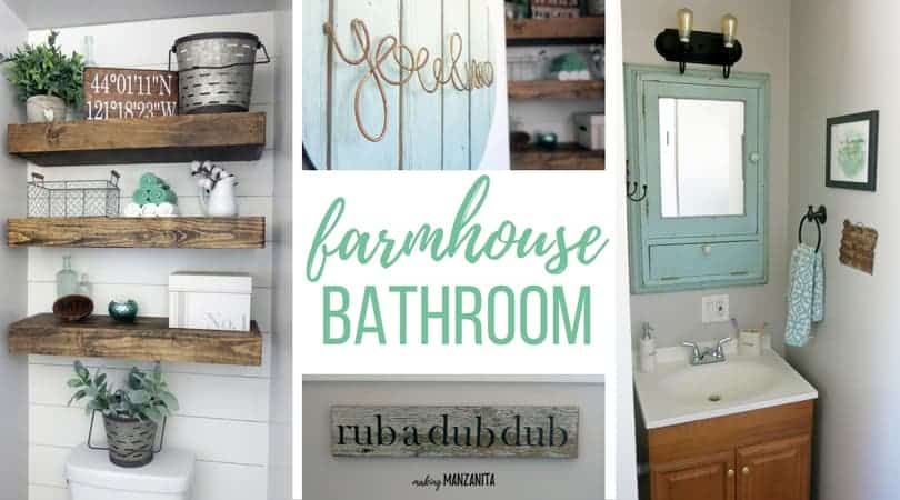 A collage of photos showing all the new farmhouse style decor in the master bathroom, with text overlay that says 'farmhouse bathroom