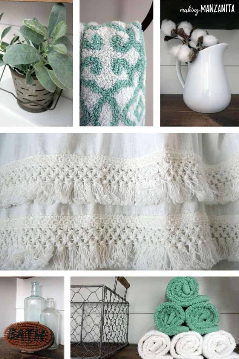 A collage of farmhouse style decor in our farmhouse master bathroom; a lambs ear plant, white and teal towel, vase with cotton blooms, a white macrame shower curtain, tea towels, vintage trinkets and more.