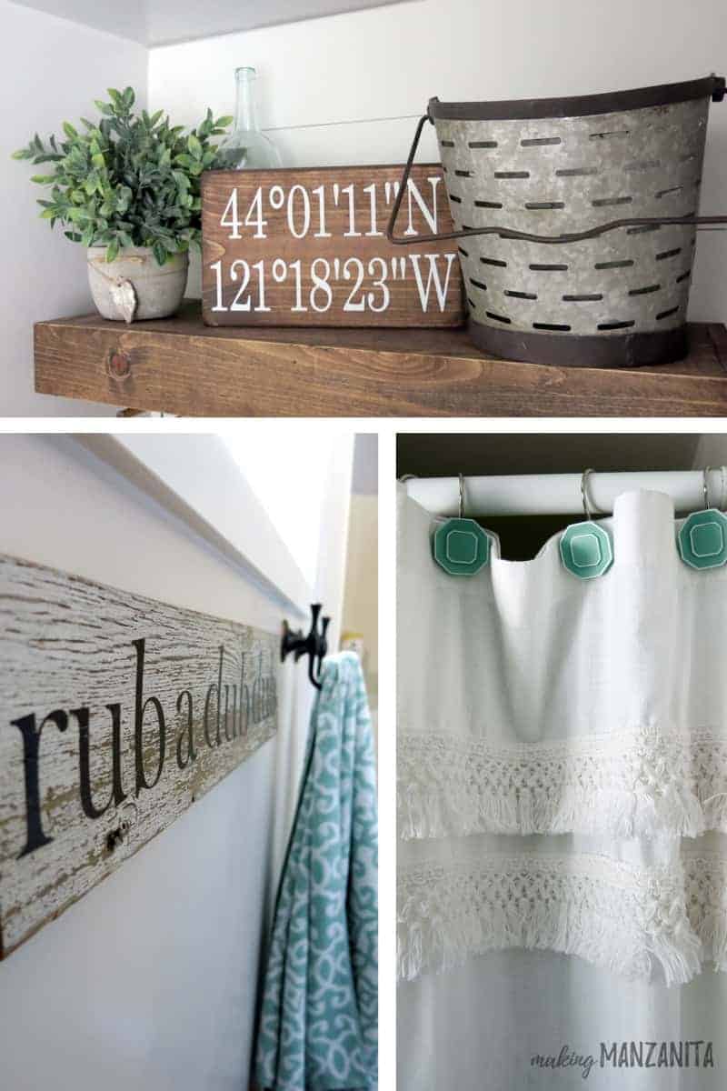 A collage showing various details of our farmhouse master bathroom; vintage trinkets on the floating shelves, wood sign hanging on the wall, jewel shower curtain hangers.