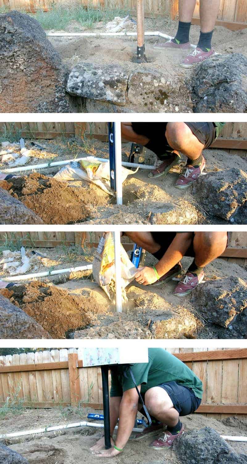 Grid of man putting the mailbox standin the ground with pvc and pouring a sack of gravel on at the bottom of the mailbox post after digging post hole 