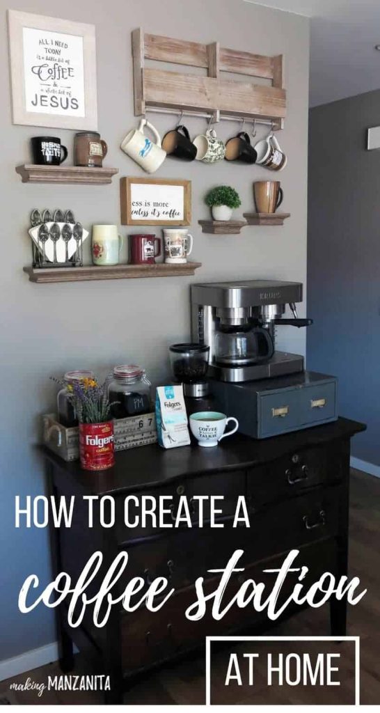 I love this gray wall decorated with coffee cup hangers and shelves holding coffee mugs and a cabinet with a coffee maker with a coffee grinder and coffee beans on a black cabinet with overlay text that says how to create a coffee station at home