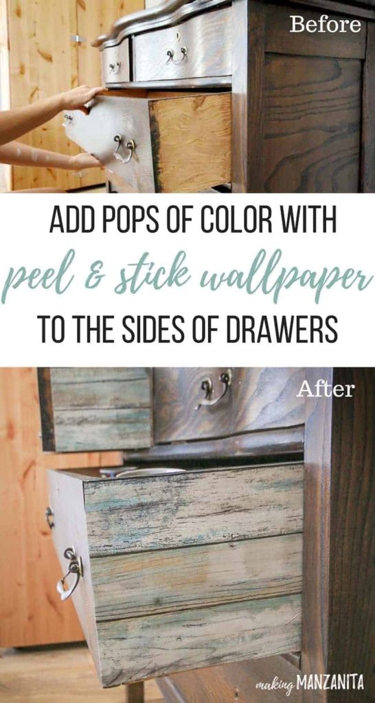 shows before and after comparison with the addition of adding wallpaper to dresser drawers with text overlay that says add pops of color with peel and stick wallpaper to the sides of drawers