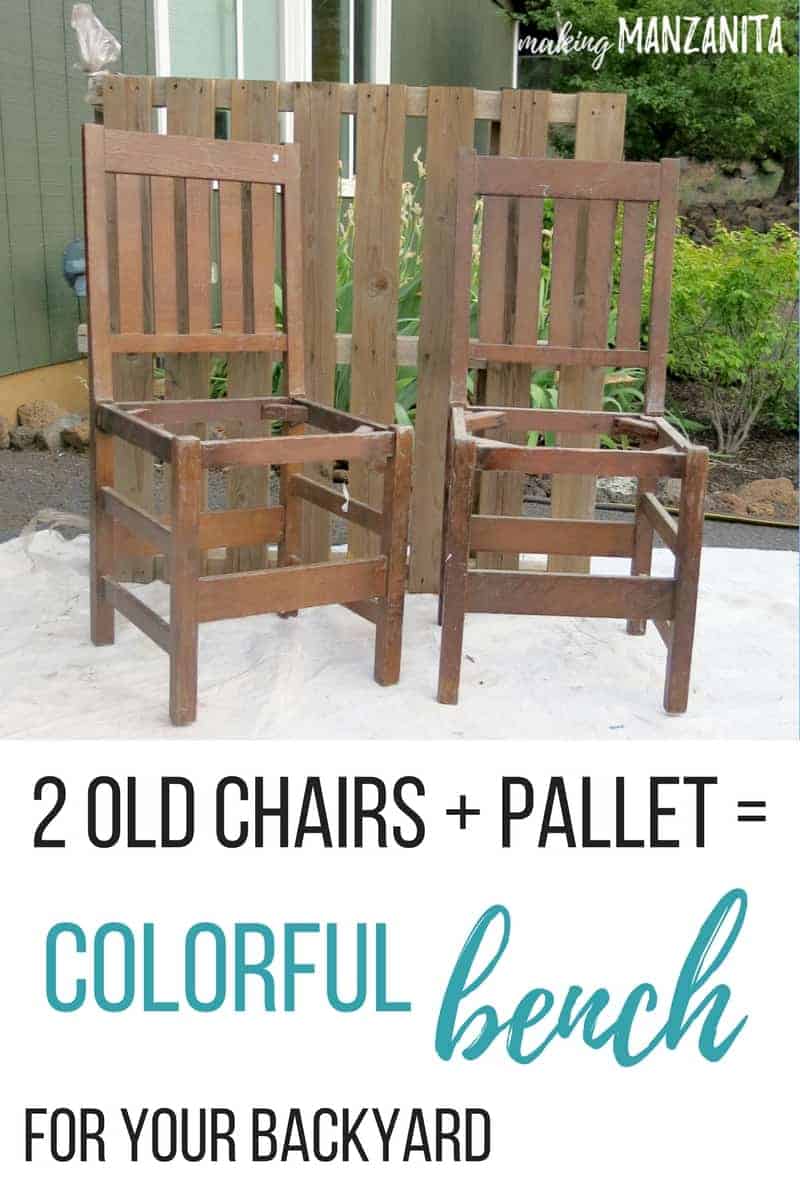 How to create an upcycled wooden bench for your backyard. Picture shows two old wood chairs with the cushions removed, sitting in front of a recycled wood pallet. Image test reads 