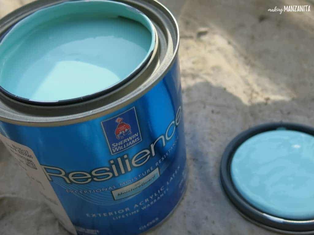 I used this gorgeous Resilience Exterior Acrylic Latex paint in a stunning Tiffany blue color to paint the upcycled backdoor bench.