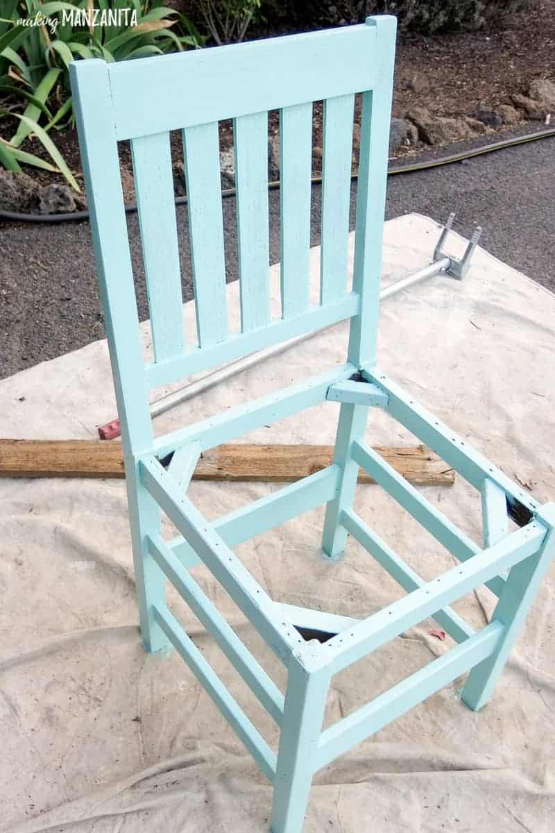 The fully painted upcycled wood chair with 1 full coat of Sherwin Williams Resilience Acrylic Latex Exterior Paint in the color Refresh