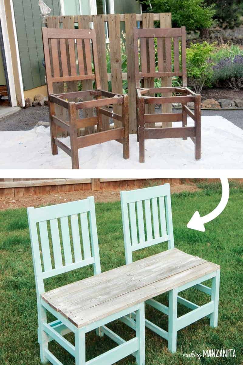 Before and after picture: the picture on the top shows two old wood chairs and an old wood pallet. The picture on the bottom shows a completed upcycled bench painted a gorgeous light blue/