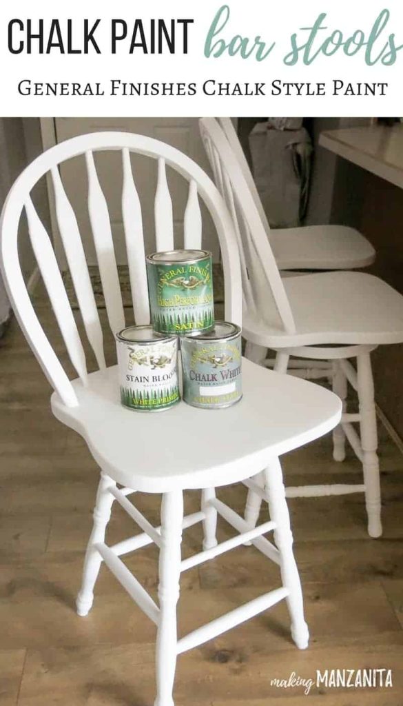 shows a white bar stool in a kitchen with 3 general finishes paint sitting on it with overlay text that says chalk paint bar stools general finishes chalk style paint