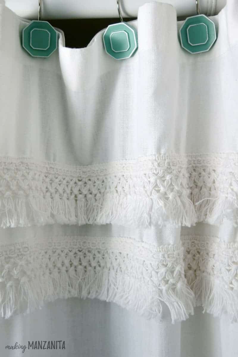 A close up look at the fine macramé details on the shower curtain in our bathroom.