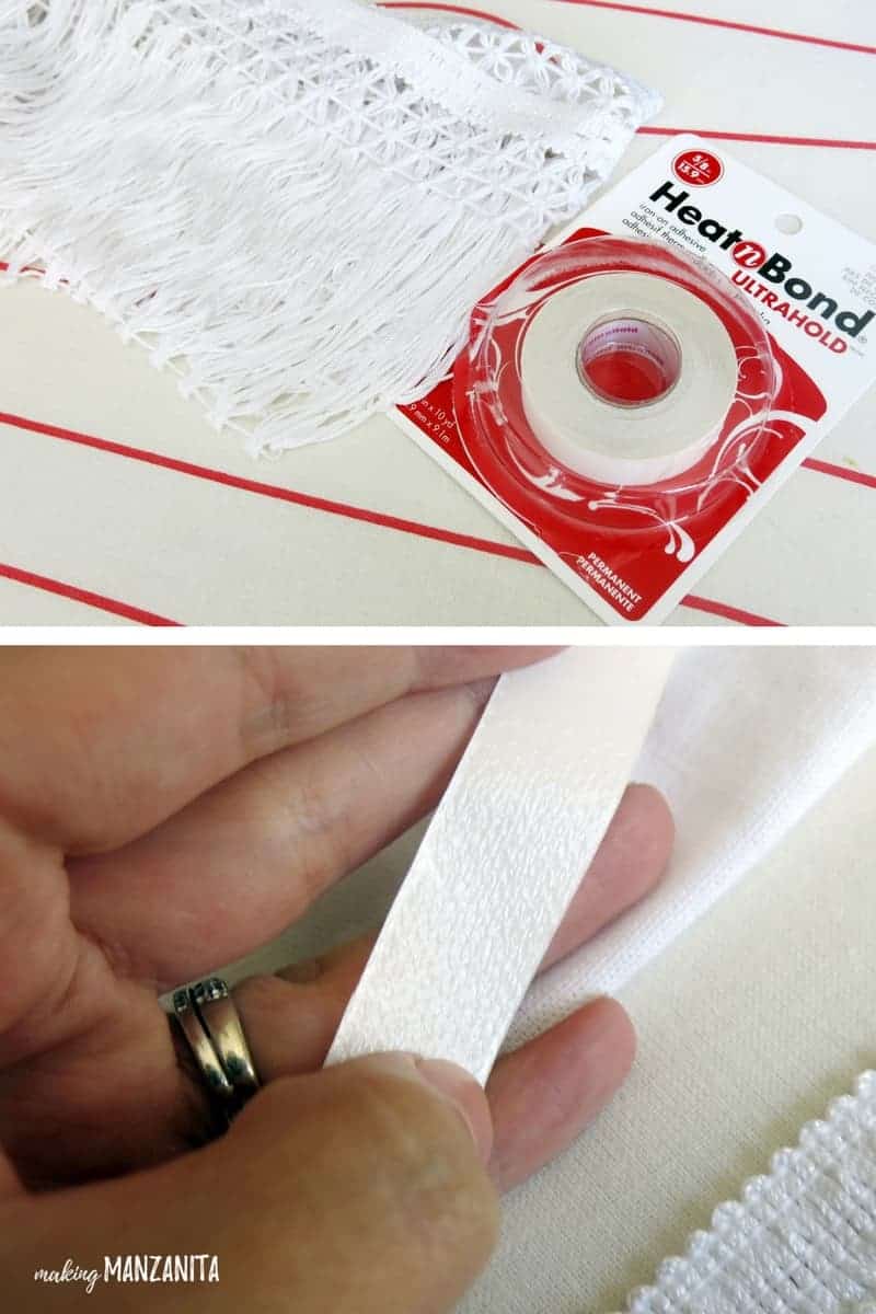 Supplies needed to lengthen a shower curtain - a piece of macramé tasseled lace (that matches my shower curtain) and no-sew transfer tape. 