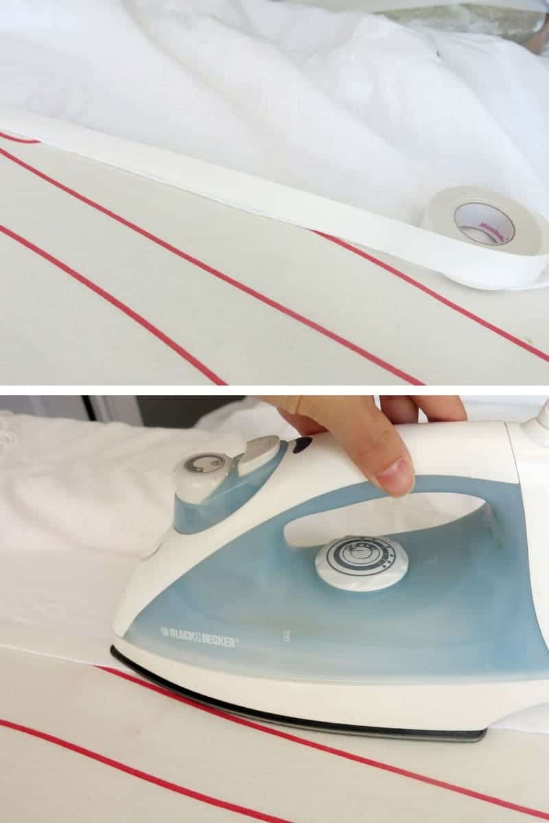Place the transfer tape sticky-side down on the fabric you'll use to lengthen the shower curtain, then use an iron to activate the adhesive.