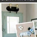 Before and after of the spray painted light fixture makeover with before picture in corner showing an outdated silver vanity light taken apart with a can of spray paint next to it with text overlay that says how to spray paint light fixture