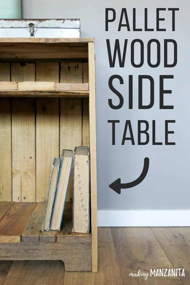 A view of half of the completed DIY pallet wood side table decorated with books. Image text reads "pallet wood side table" with an arrow.